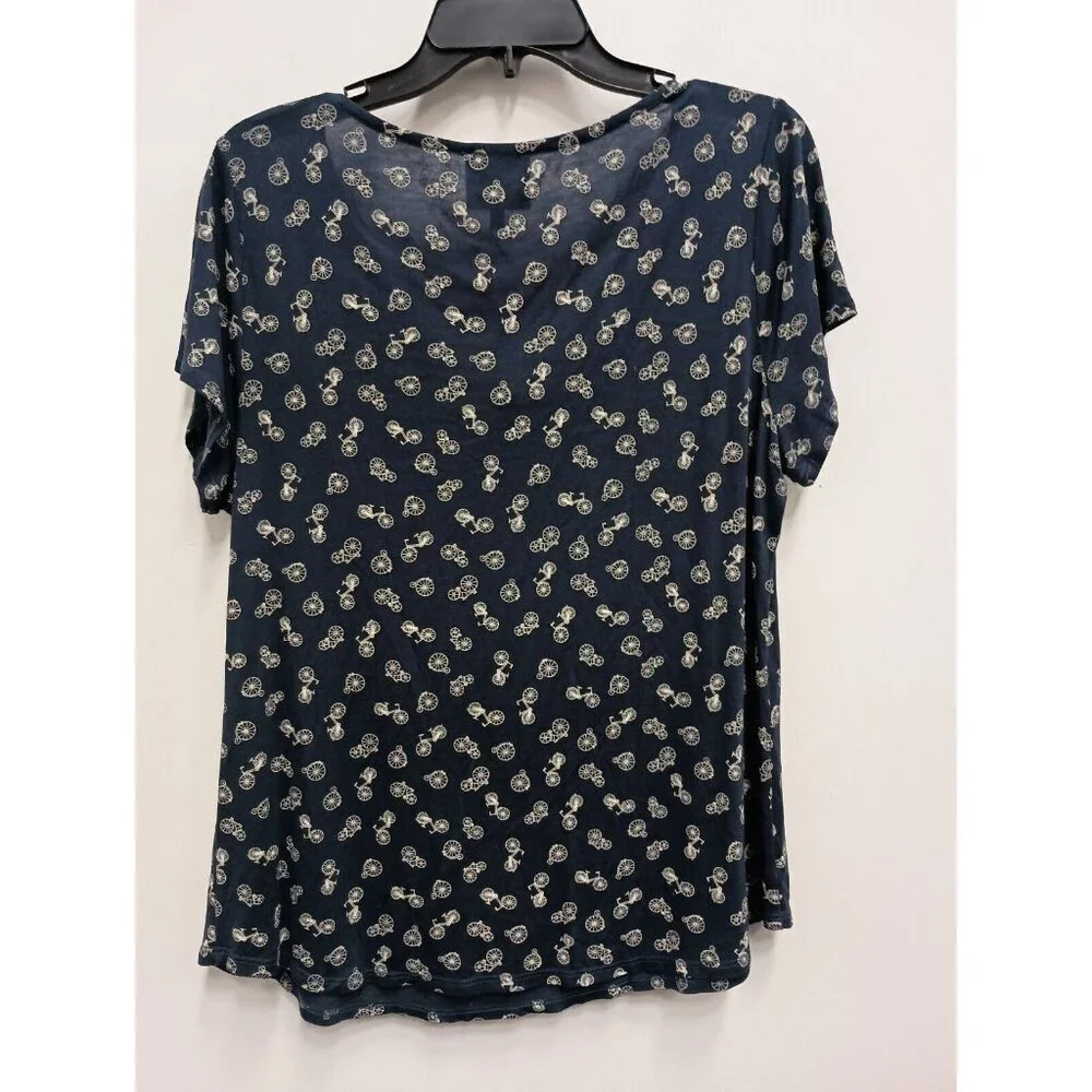 W5 Womens T-Shirt Large Navy Blue Bicycle Print Short Sleeve Pullover Casual Top - Picture 2 of 4